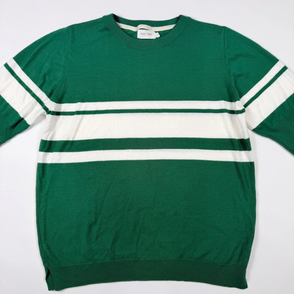 Mer Sea Striped Sweater Womens XL Green White Short Sleeve Excellent Ribbed Knit - Picture 2 of 6